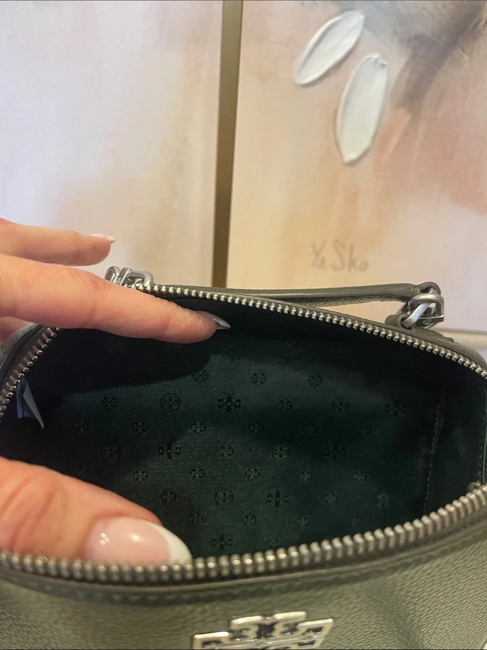 Tory Burch Dark Green Britten Leather Top-Handle Bag with Chain